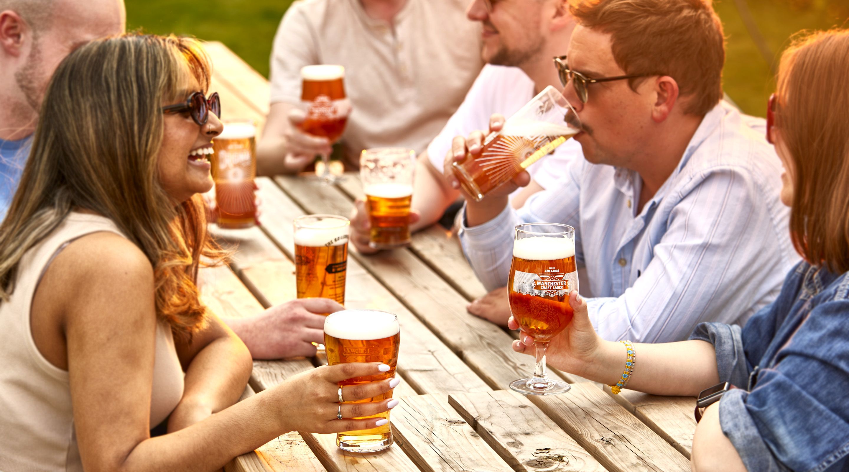 JW Lees, beers in a beer garden.